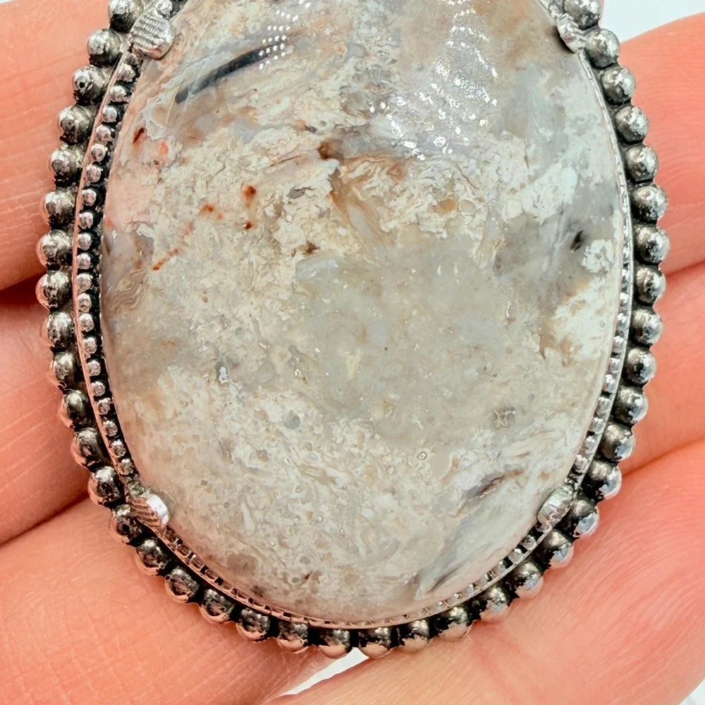 Vintage Agate Brown Stone Oval Brooch w/ Silver Tone Border